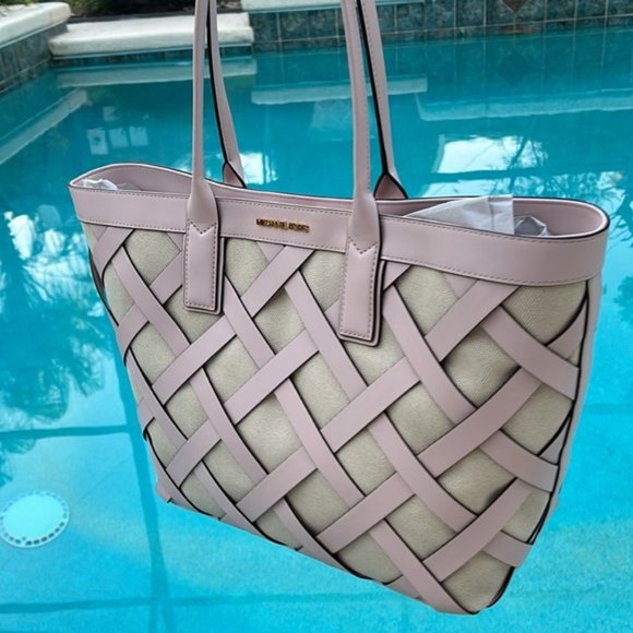 Michael Kors Sienna Large Tote Shoulder Bag Powder Blush Leather Canvas - Picture 2 of 16